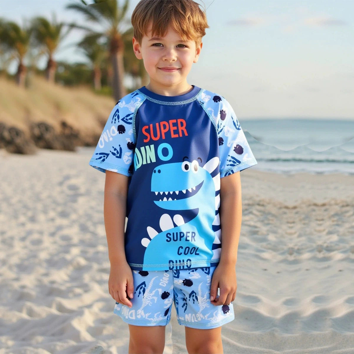 Boys Sky Blue Dinosaur Print T-Shirt With Shorts Swimwear Sets Sets