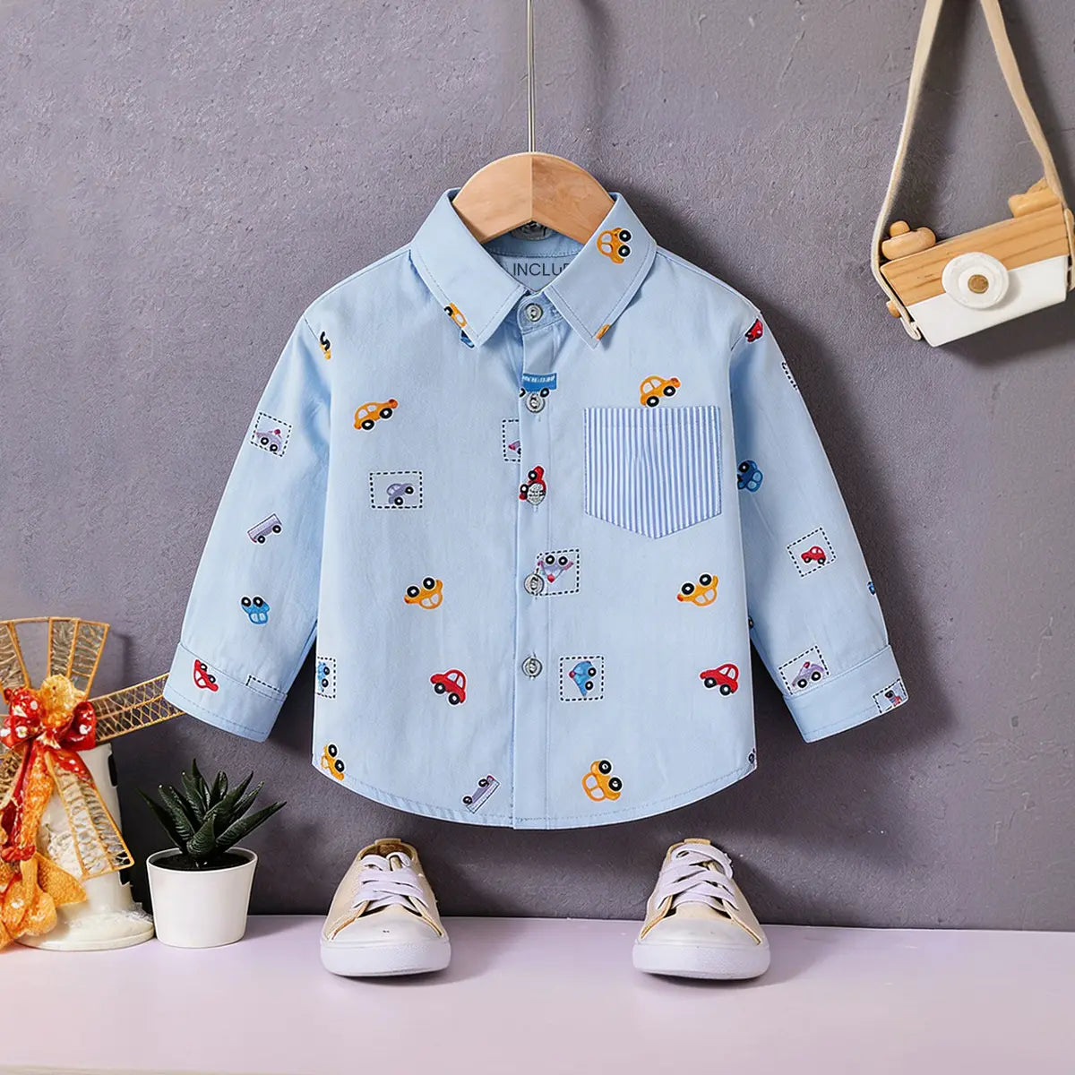 Boys Sky Blue Car Print Long Sleeve Shirt Shirts Sky Blue 1-2 Y