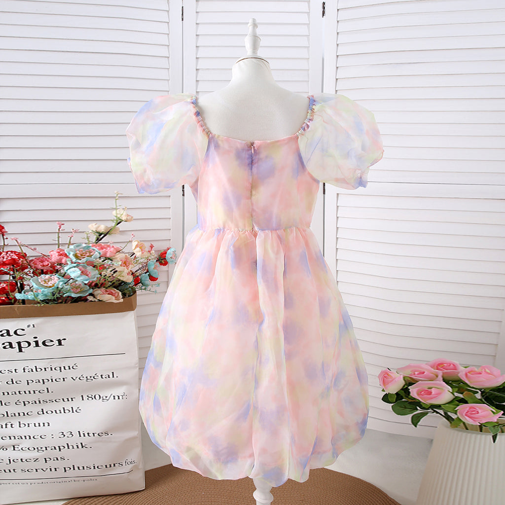 Girls Pink Puff Sleeve Square Neck Balloon Dress Casual Dresses