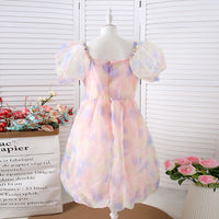 Girls Pink Puff Sleeve Square Neck Balloon Dress Casual Dresses