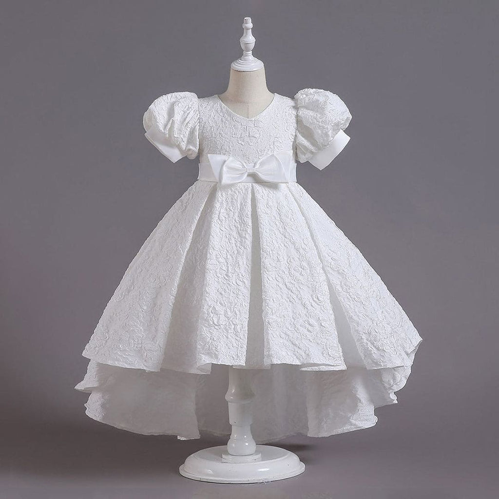 Girls White Texture High Low Party Wear Dress