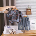Boys Dark Grey Abstract Printed Short Sleeve T-Shirt With Distressed Denim Shorts Sets 2 pc. Sets Dark Grey 1-2 Y