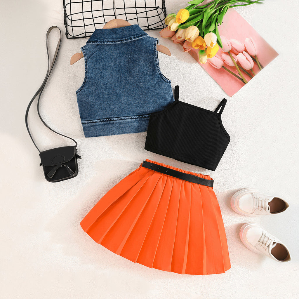 Girls Sleeveless Denim Jacket With Orange Pleated Skirt And Camisole Top Set 3 pc. Sets