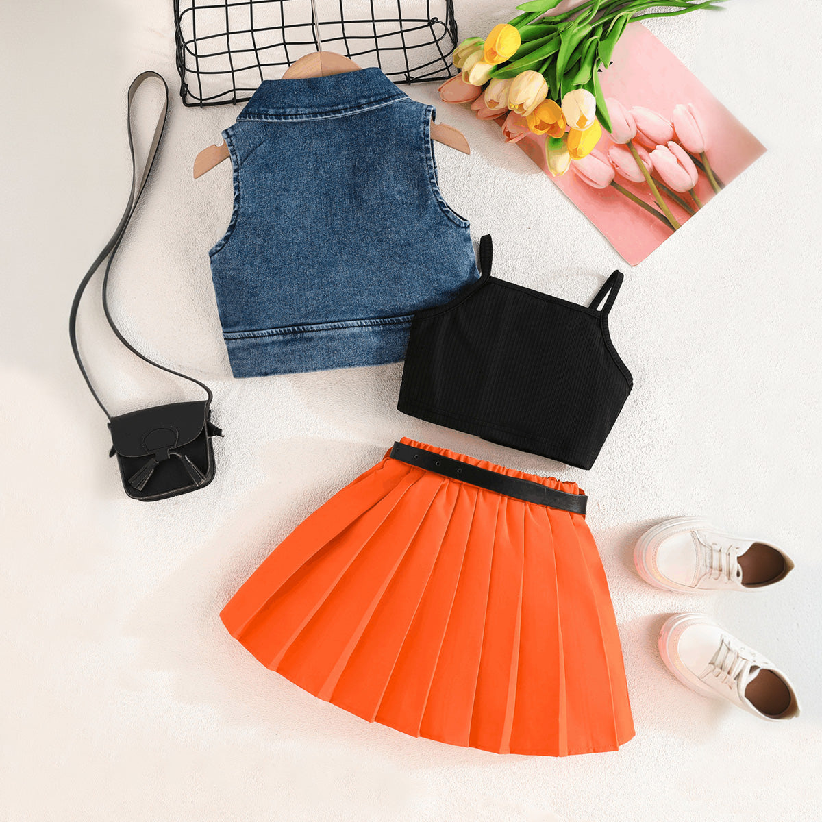 Girls Sleeveless Denim Jacket With Orange Pleated Skirt And Camisole Top Set 3 pc. Sets