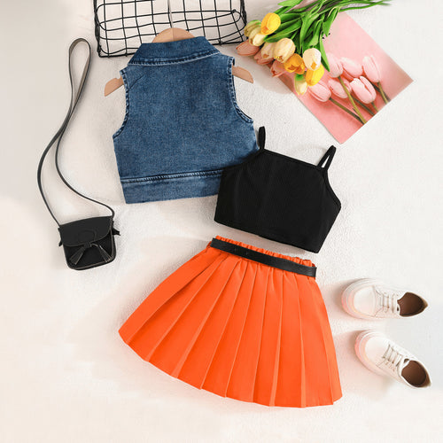 Girls Sleeveless Denim Jacket With Orange Pleated Skirt And Camisole Top Set 3 pc. Sets