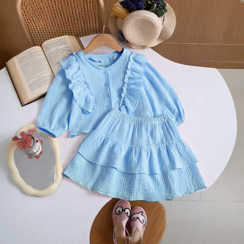 Girls Blue Textured Ruffled Top with Tiered Skirt Sets 2 pc. Sets Blue 1-2 Y
