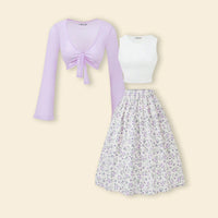 Girls Purple Floral Bell Sleeve Shrug With Tank Top & Printed Skirts Sets Sets
