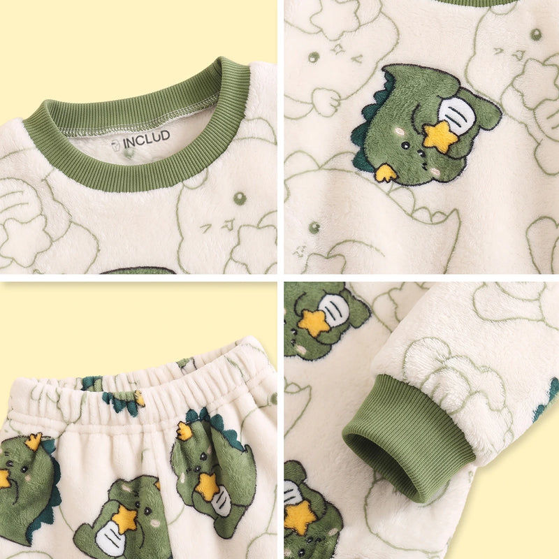 Boys Off White Dinosaur Printed Fleece Sweatshirt With Pants Sets 2 pc. Sets