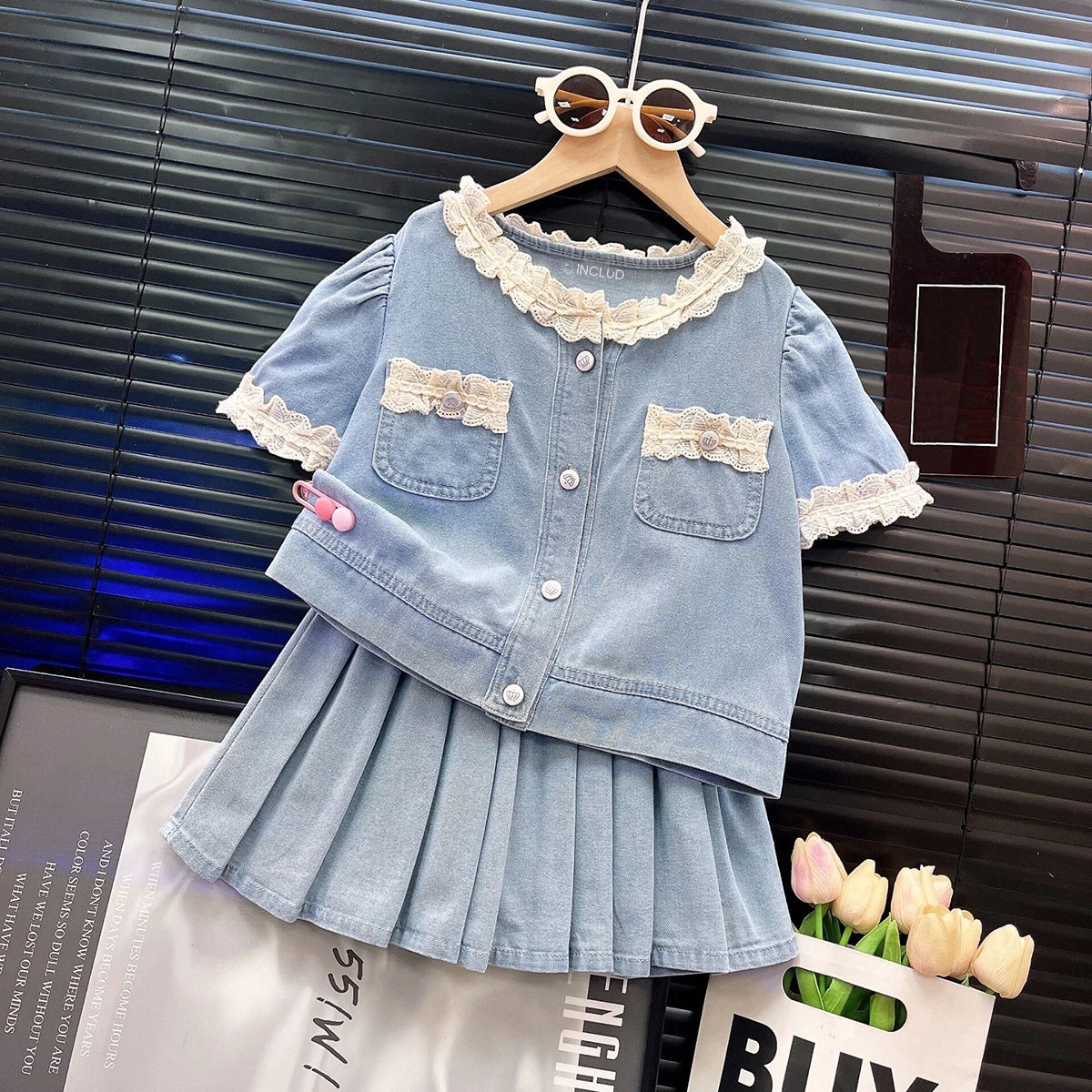 Girls Light Blue Puff Sleeve Top With Denim Skirt Sets 2 pc. Sets