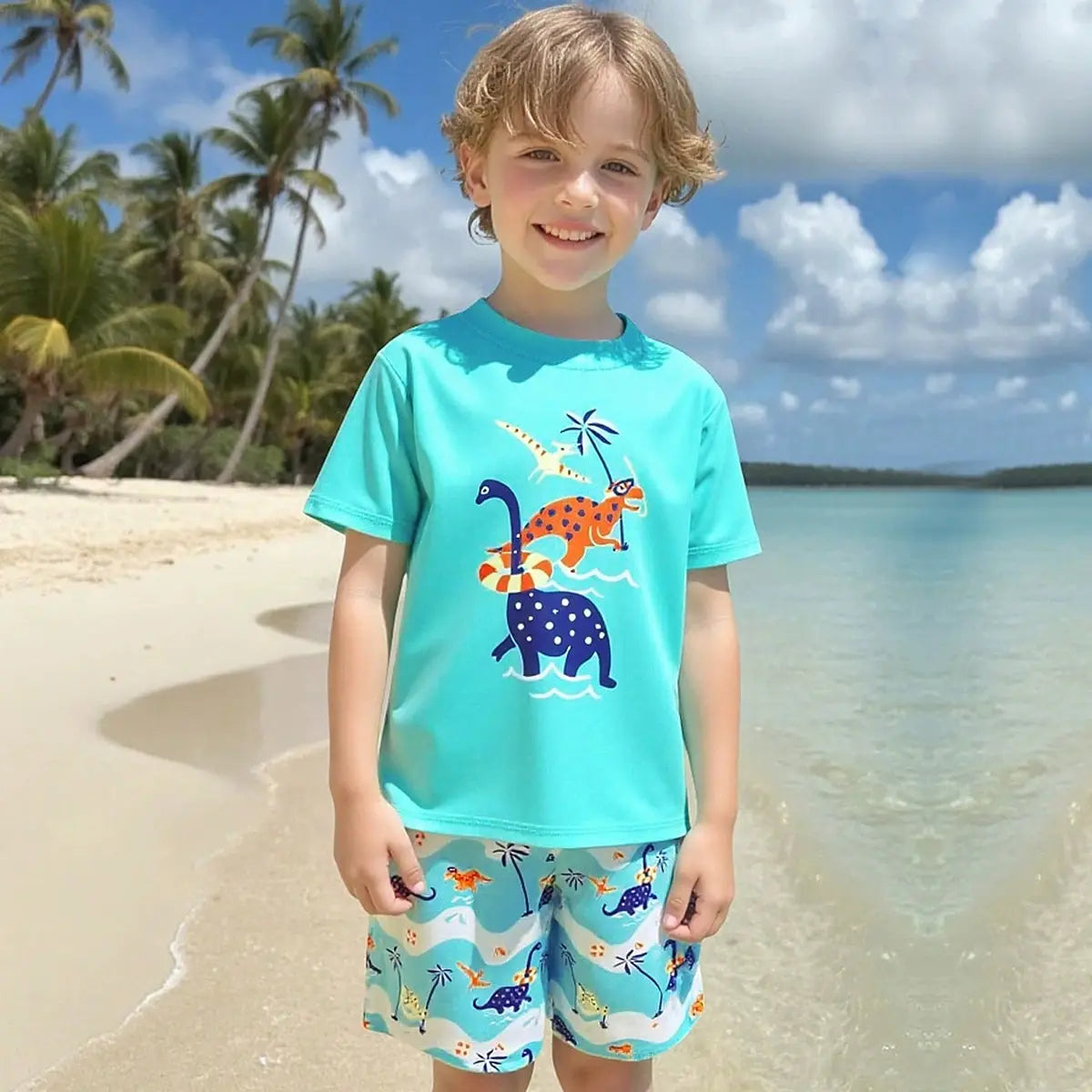 Boys Teal Animals Printed Short Sleeves T-Shirt & Shorts Swimsuit Sets Sets