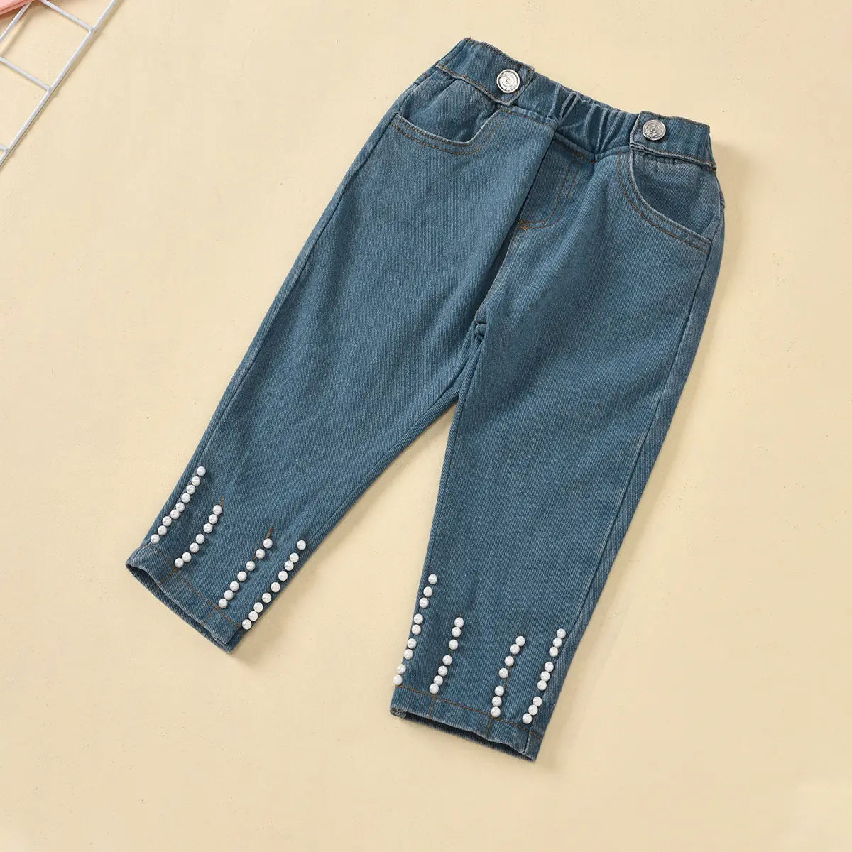 Girls Peach Puff Sleeves Top & Denim Pants With Pearl Embellishments Sets Sets