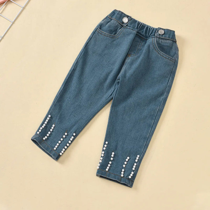 Girls Peach Puff Sleeves Top & Denim Pants With Pearl Embellishments Sets Sets