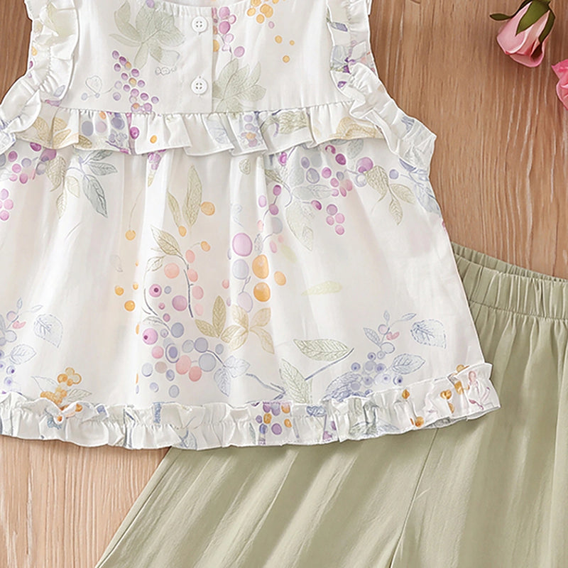 Girls White Floral Print Sleeveless Top With Shorts Sets 2 pc. Sets