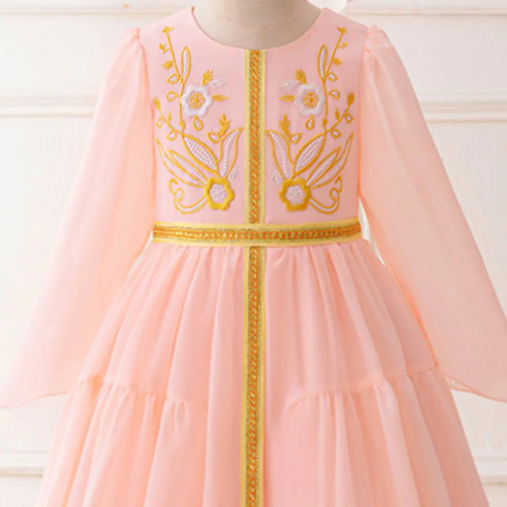 Girls Pink Embroidered Fit & Flare Dress Long Sleeves Casual Dresses