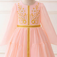 Girls Pink Embroidered Fit & Flare Dress Long Sleeves Casual Dresses