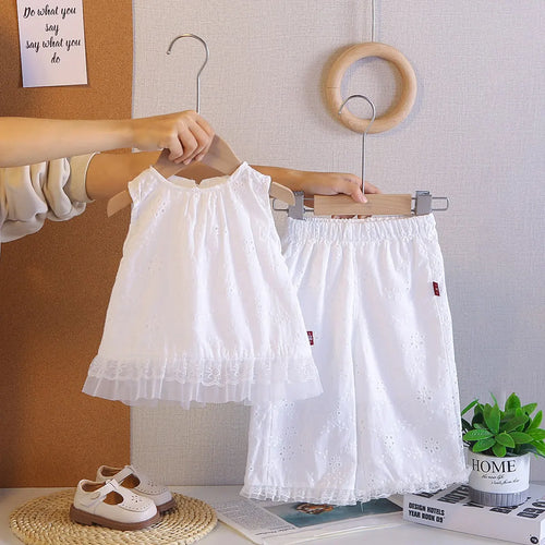 Girls White Schiffli Sleeveless Top With Pants Co-ord Sets Sets White 1-2 Y