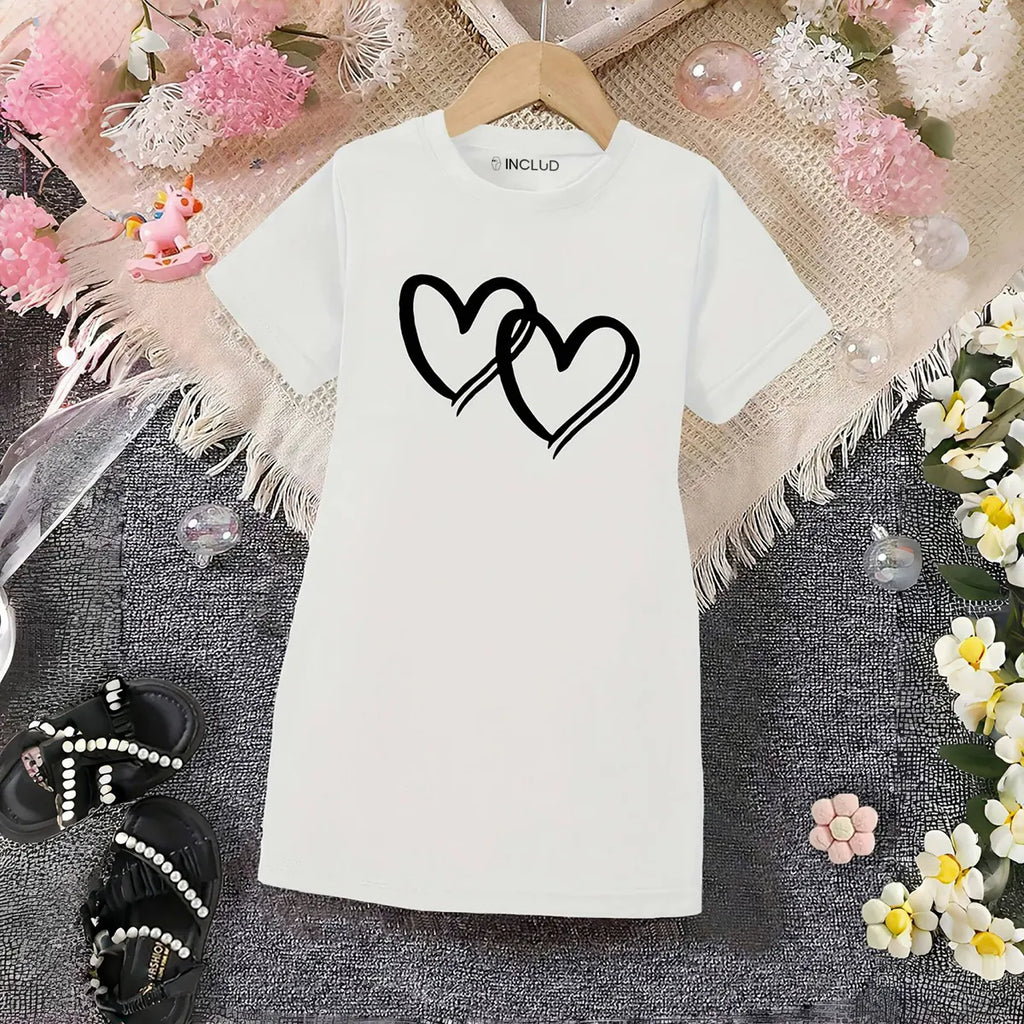 Girls White Heart Print Short Sleeve T-Shirt Dress Casual Dresses White 4-5 Y