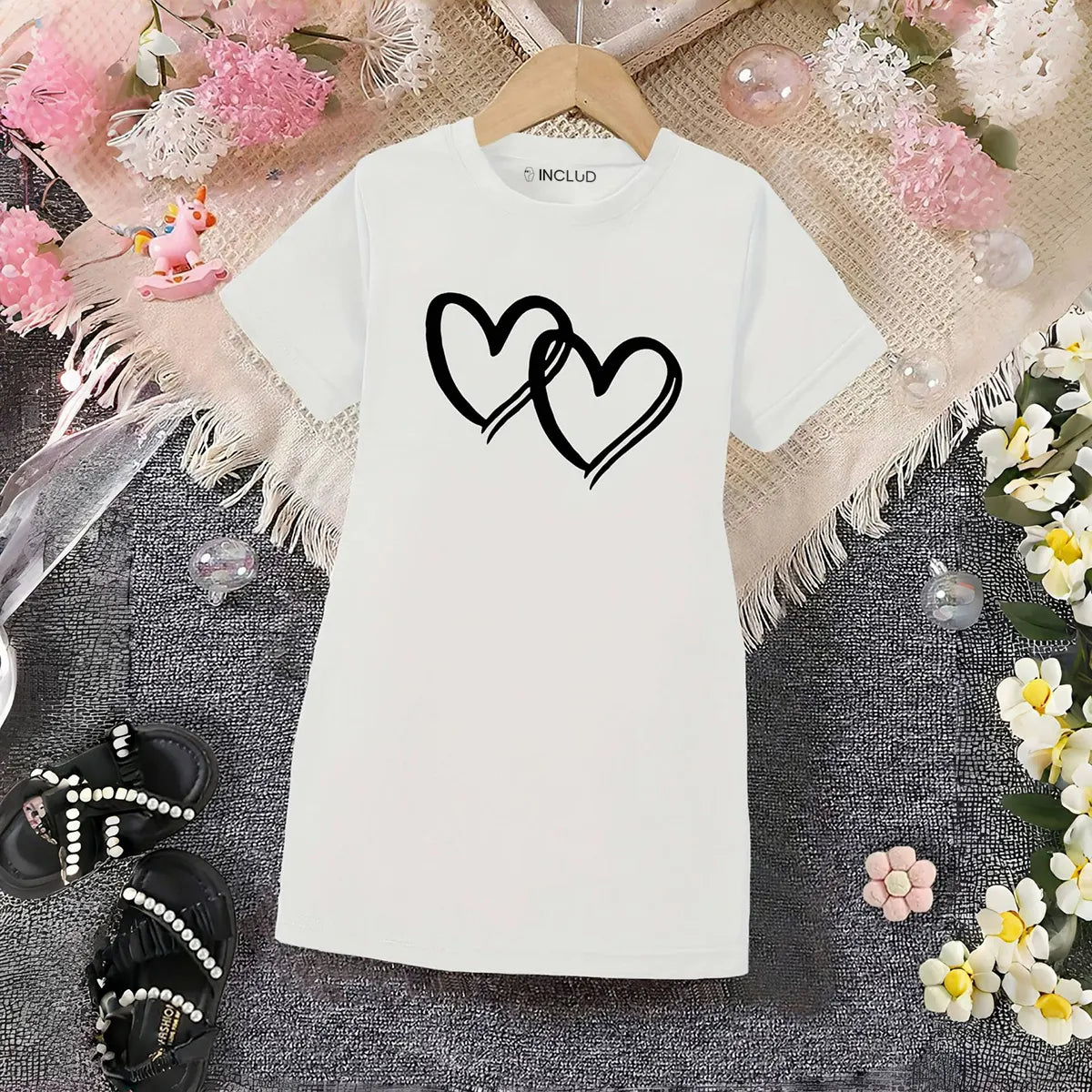 Girls White Heart Print Short Sleeve T-Shirt Dress Casual Dresses White 4-5 Y