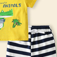 Boys Yellow Crocodile Cartoon Printed T-Shirt With Stripes Shorts Set Sets