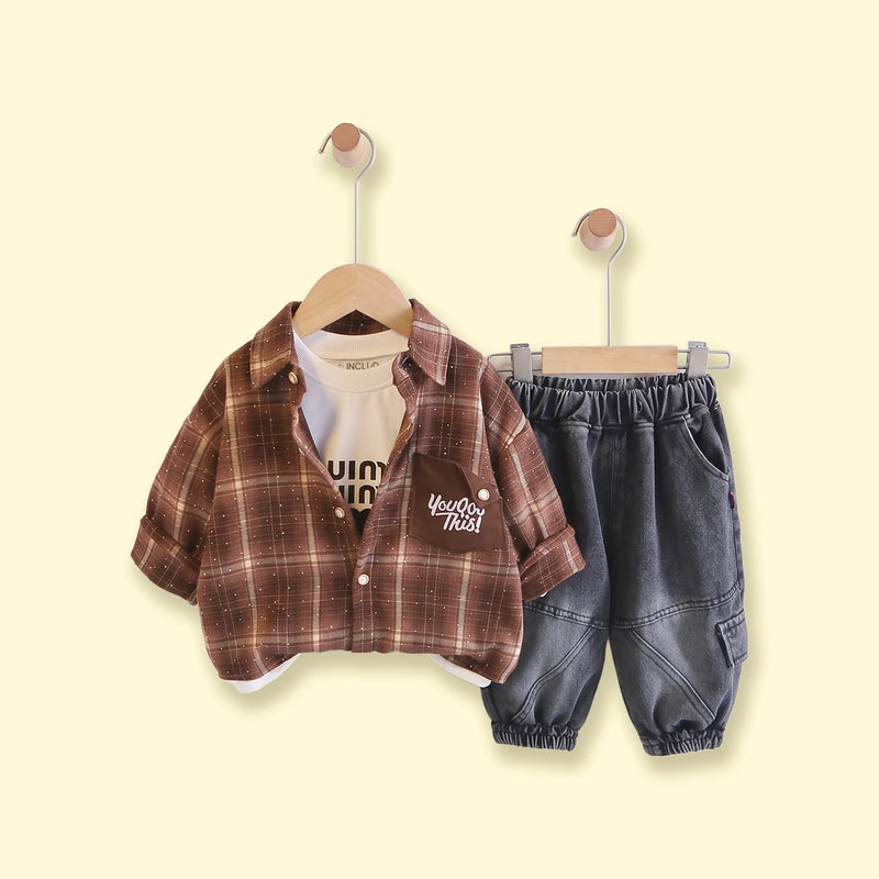 Boys Brown Checked Shirt With T-Shirt And Denim Pants Sets 3 pc. Sets Brown 1-2 Y