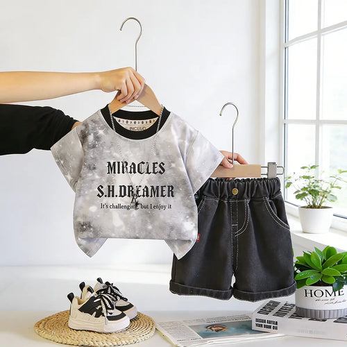 Boys Grey Typographic Printed T-Shirt With Denim Shorts Sets Sets Grey 1-2 Y