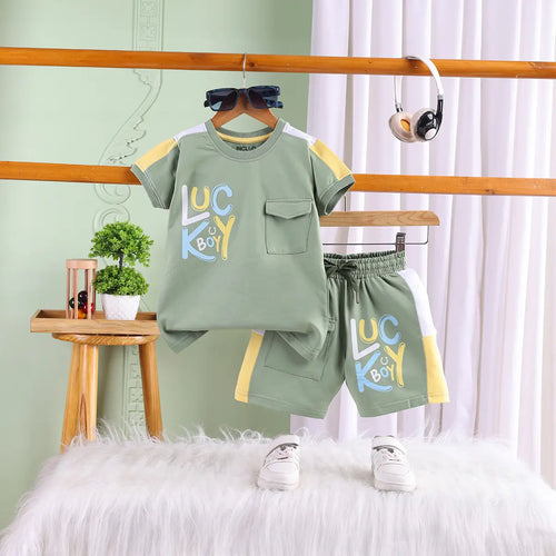 Boys Green Typographic Printed Short Sleeve T-Shirt With Elasticated Shorts Sets Sets Green 2-3 Y