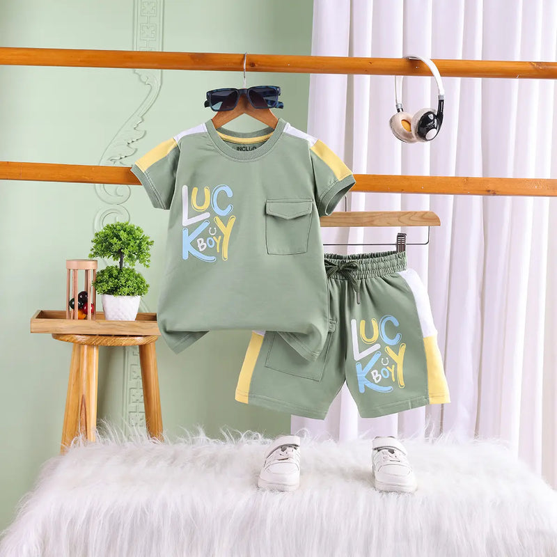 Boys Green Typographic Printed Short Sleeve T-Shirt With Elasticated Shorts Sets Sets Green 2-3 Y