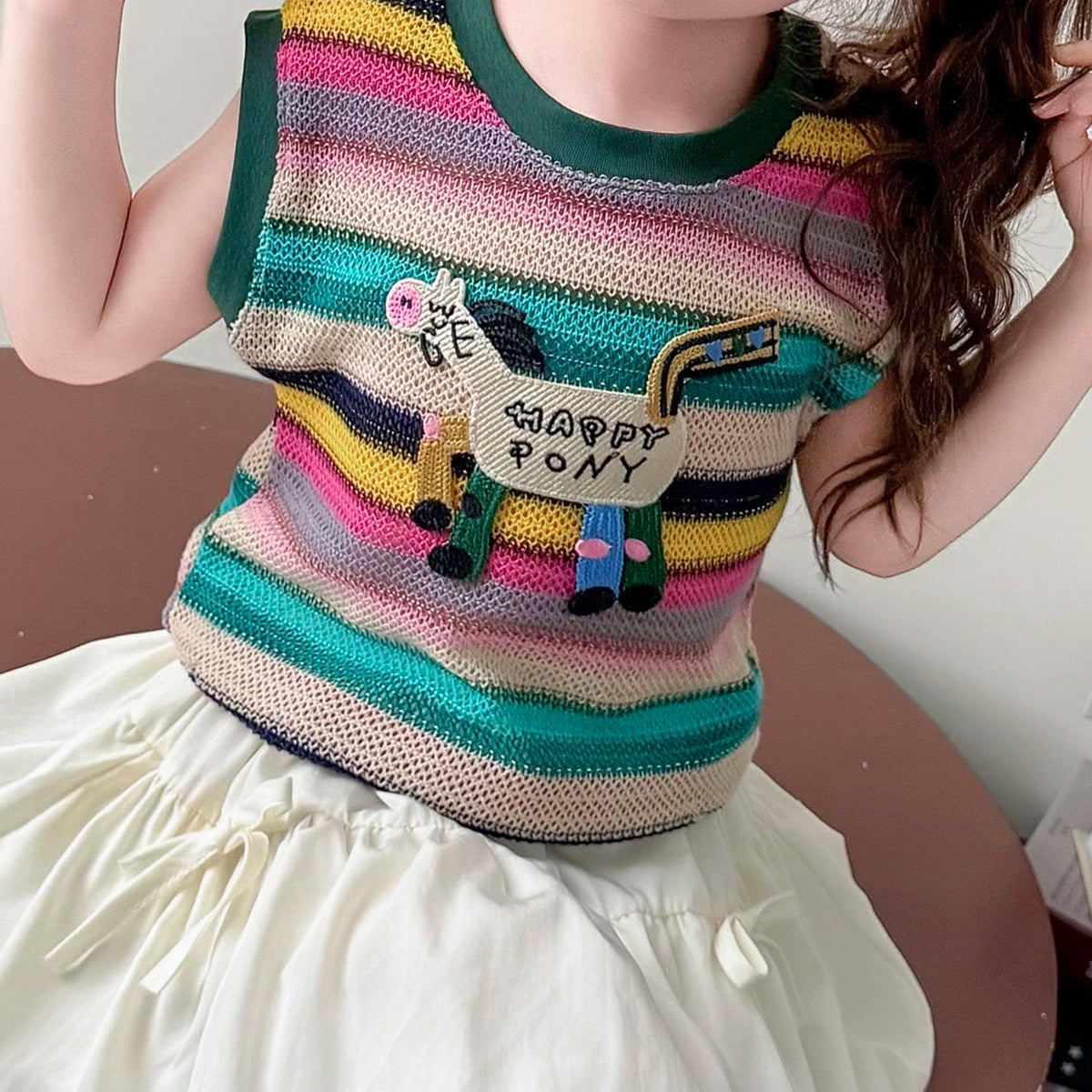 Girls Multicolor Striped Pony Applique Top With Skirt Sets Sets