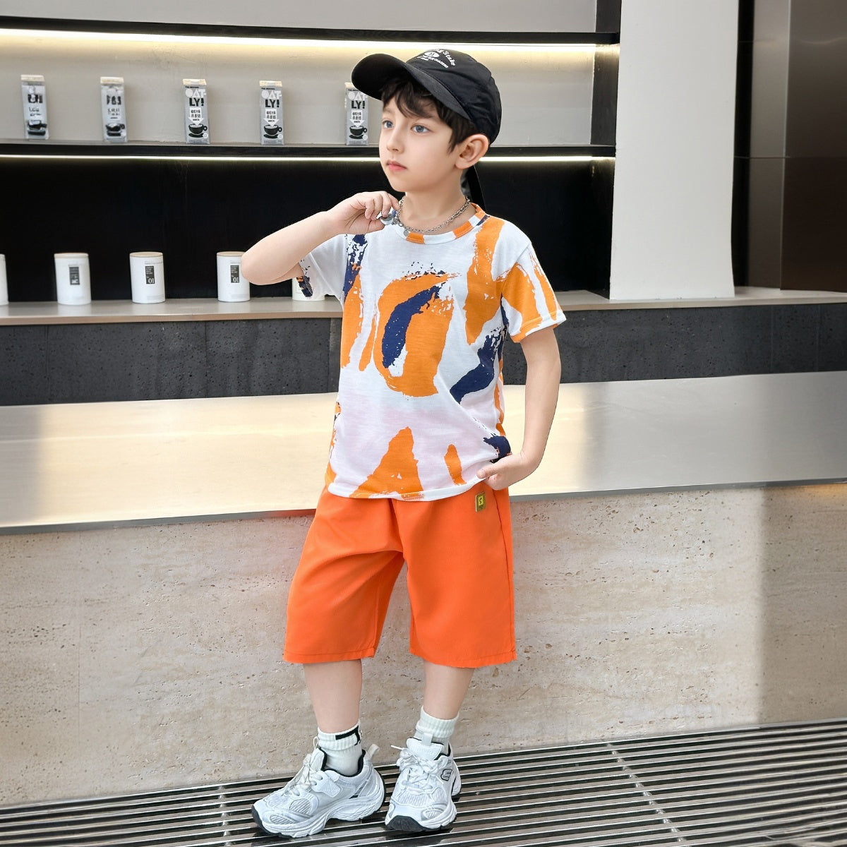 Boys Orange Abstract Printed Summer T-Shirt With Shorts Sets 2 pc. Sets Orange 5-6 Y