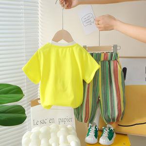 Boys Yellow Printed Short Sleeves T-Shirt With Striped Bermudas Set 2 pc. Sets