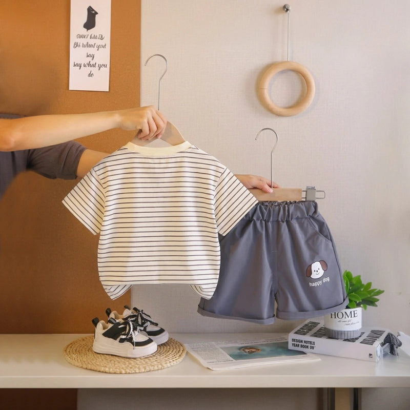 Boys Grey Striped Short Sleeve T-Shirt With Shorts Sets 2 pc. Sets