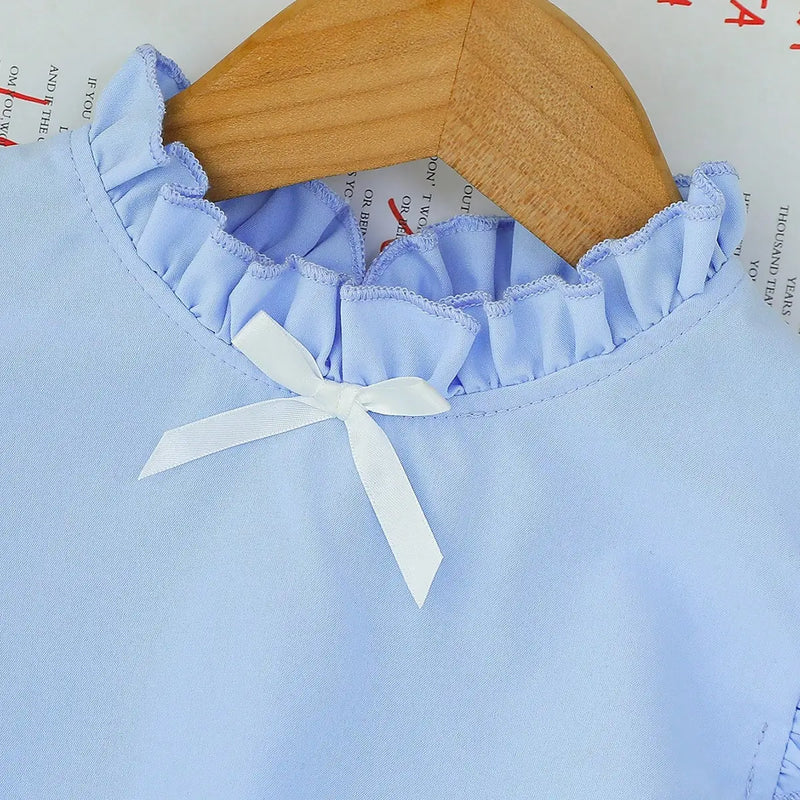 Girls Light Blue Ruffle Neck Top With Pleated Skirt Sets Sets