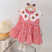 Girls Red Checked Strawberry Applique Sleeveless Tiered Dress Casual Dresses Red 1-2 Y
