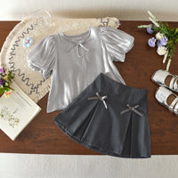 Girls Light Grey Puff Sleeve Top With Bow Applique Skirt Sets 2 pc. Sets Light Grey 1-2 Y