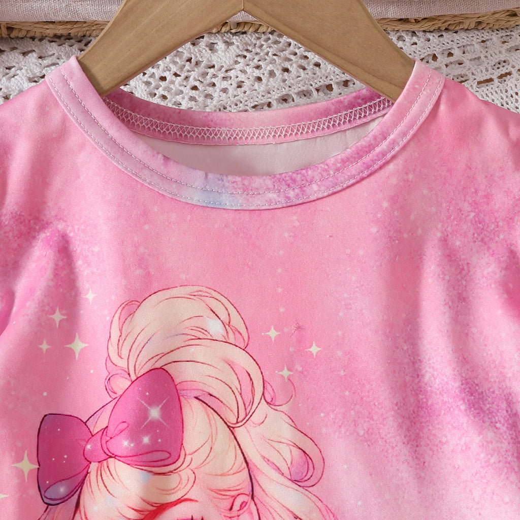 Girls Pink Graphics Puff Sleeves Top With Floral Printed Denim Pants Set Sets