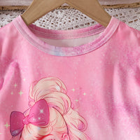 Girls Pink Graphics Puff Sleeves Top With Floral Printed Denim Pants Set Sets