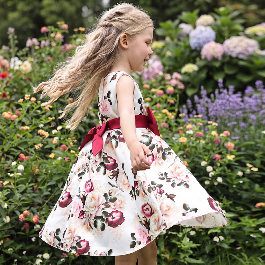 Girls Off White Floral Printed Sleeveless Fit & Flare Dress With Bow Detail Casual Dresses