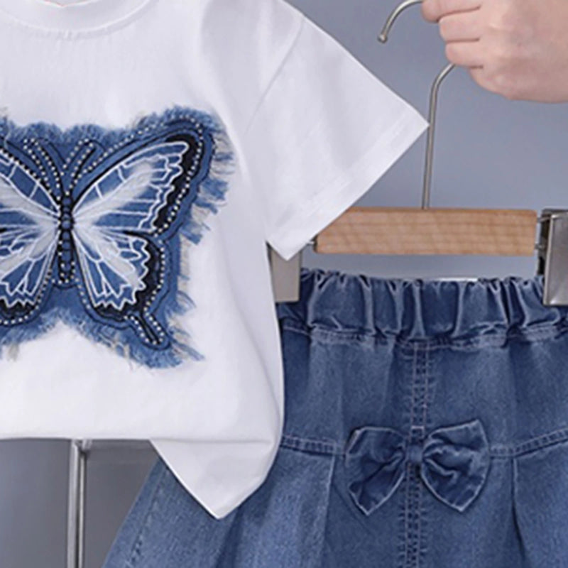 Girls White Butterfly Applique T-Shirt With Pleated Denim Shorts Set Sets