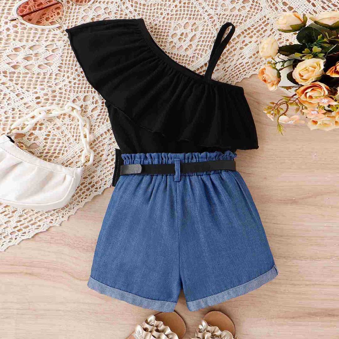 Girls One Shoulder Top With Denim Shorts & Waist Bag Set 3 pc. Sets   
