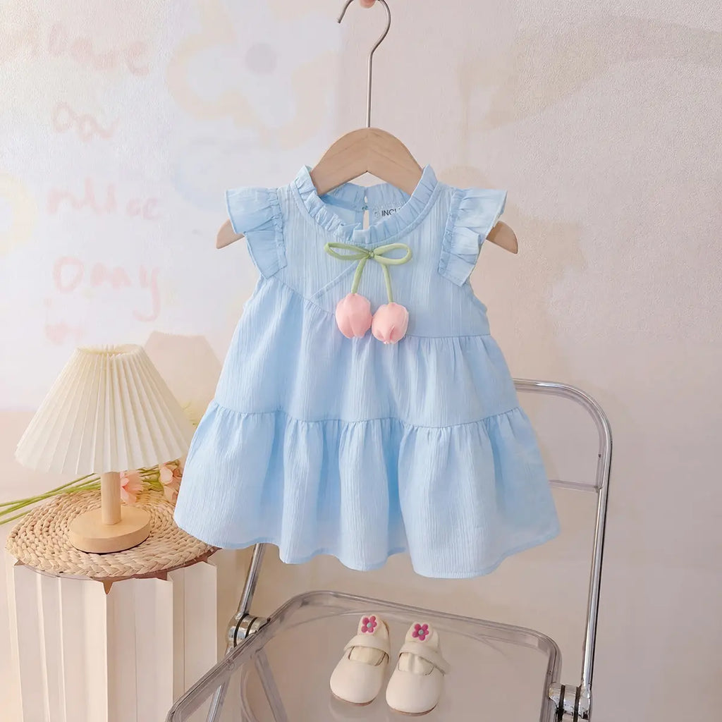 Girls Sky Blue Sleeveless Bow Accent Tiered Dress Casual Dresses Sky Blue 1-2 Y
