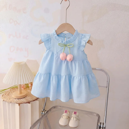 Girls Sky Blue Sleeveless Bow Accent Tiered Dress Casual Dresses Sky Blue 1-2 Y