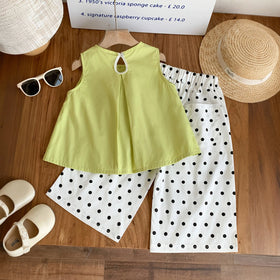 Girls Green Sleeveless Pleated Top With Polka Dot Print Pants Set Sets
