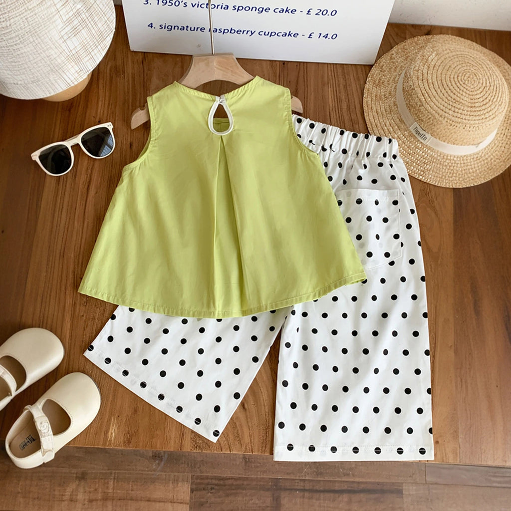 Girls Green Sleeveless Pleated Top With Polka Dot Print Pants Set Sets
