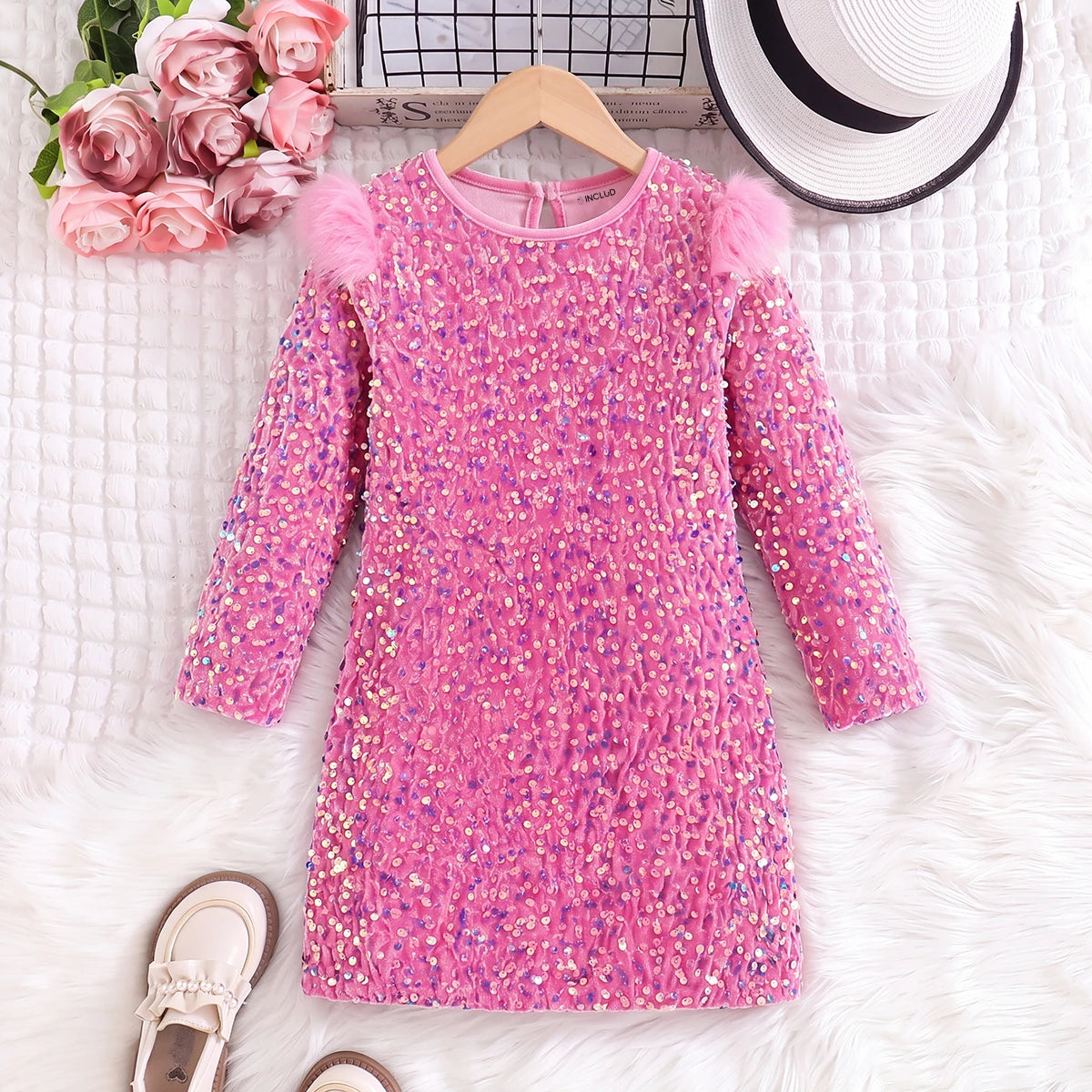 Girls Pink Sequin Embellished Partywear Dress Casual Dresses Pink 3-4 Y