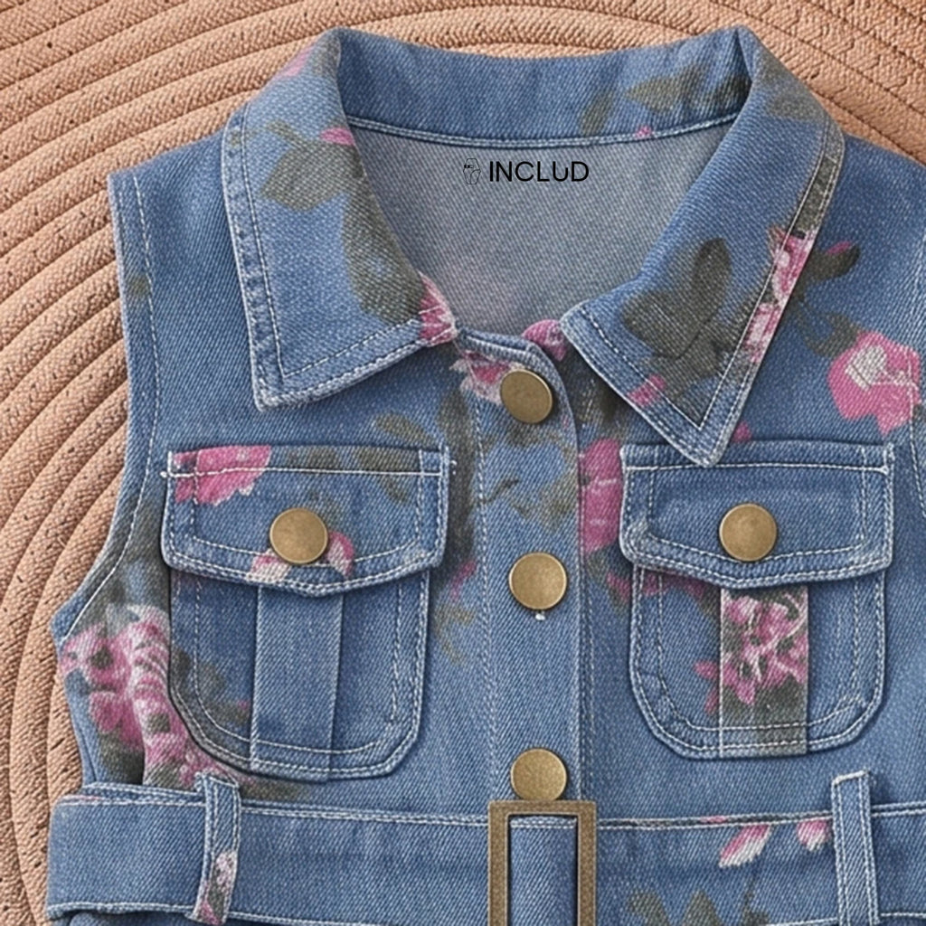 Girls Blue Floral Print Sleeveless Denim Dress Casual Dresses
