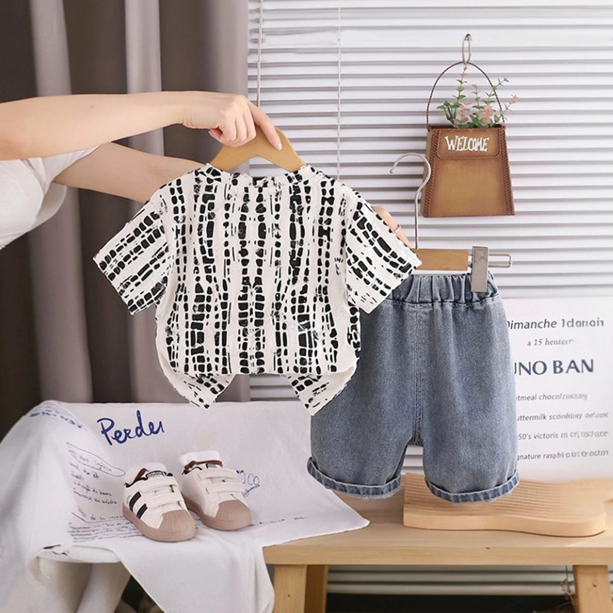 Boys Beige Abstract Printed Short Sleeve T-Shirt With Denim Shorts Sets 2 pc. Sets