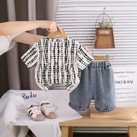 Boys Beige Abstract Printed Short Sleeve T-Shirt With Denim Shorts Sets 2 pc. Sets
