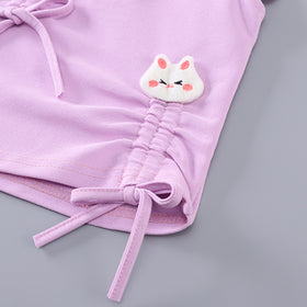 Girls Purple Cat Appliqued Flutter Sleeves Top With Balloon Shorts Set 2 pc. Sets