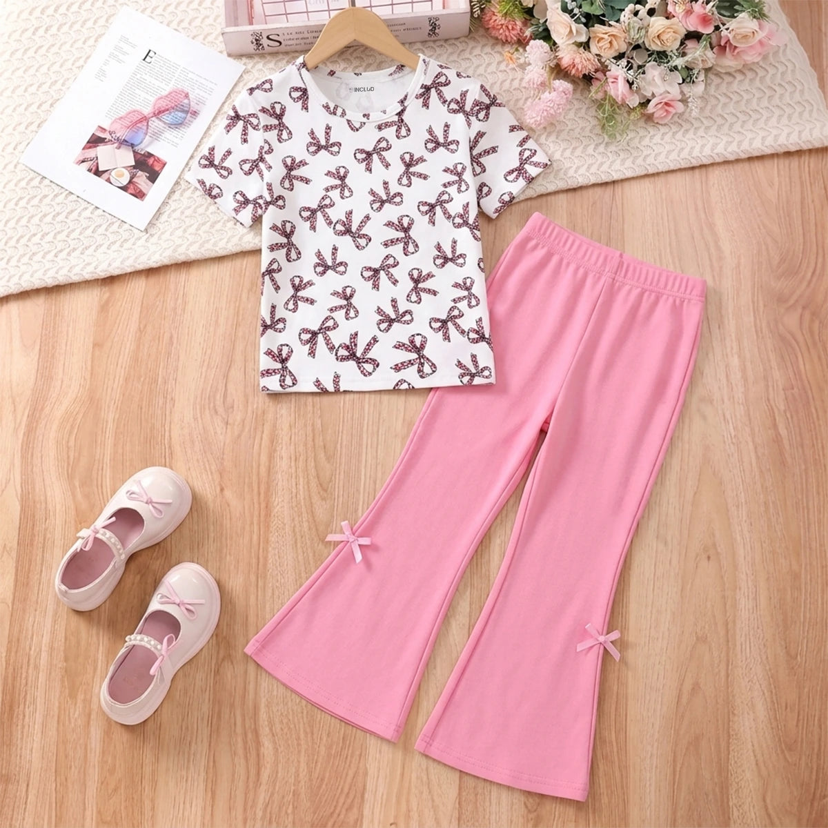 Girls White All-over Bow Print Top With Flared Pants Sets Sets White 7-8 Y