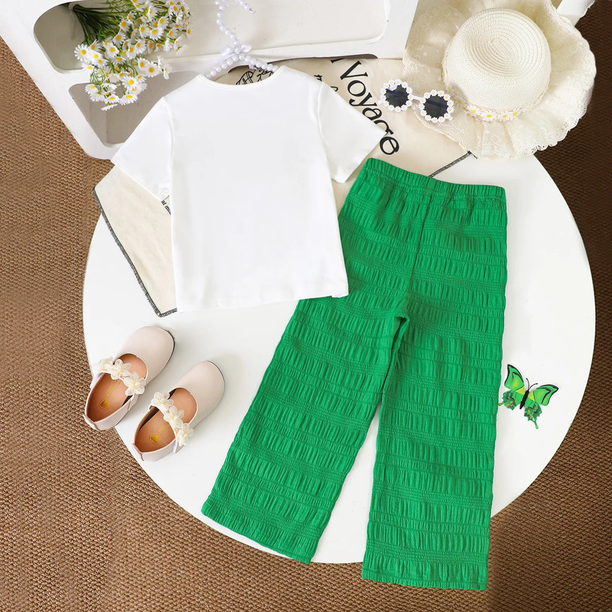 Girls White Butterfly Print Short Sleeve T-Shirt With Pants Sets 2 pc. Sets